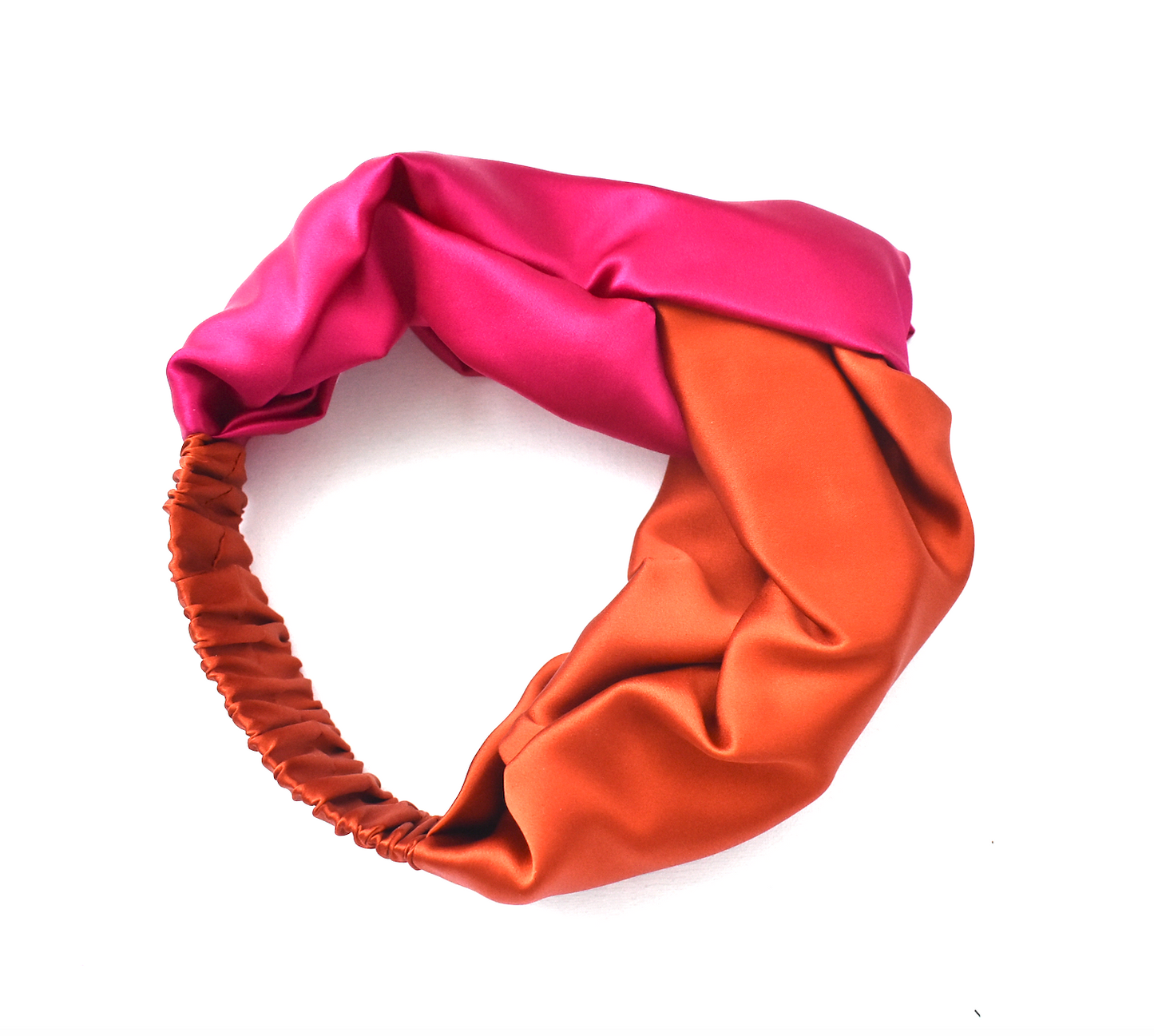 Pure Silk Burnt Orange and Fuchsia Pink Split Twisted Turban hairband and neck scarf in Mulberry Silk - 100% Pure Silk-Satin