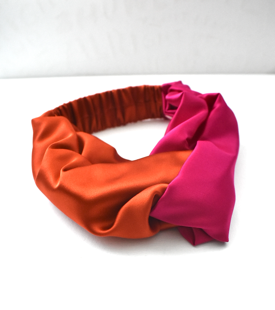 Pure Silk Burnt Orange and Fuchsia Pink Split Twisted Turban hairband and neck scarf in Mulberry Silk - 100% Pure Silk-Satin