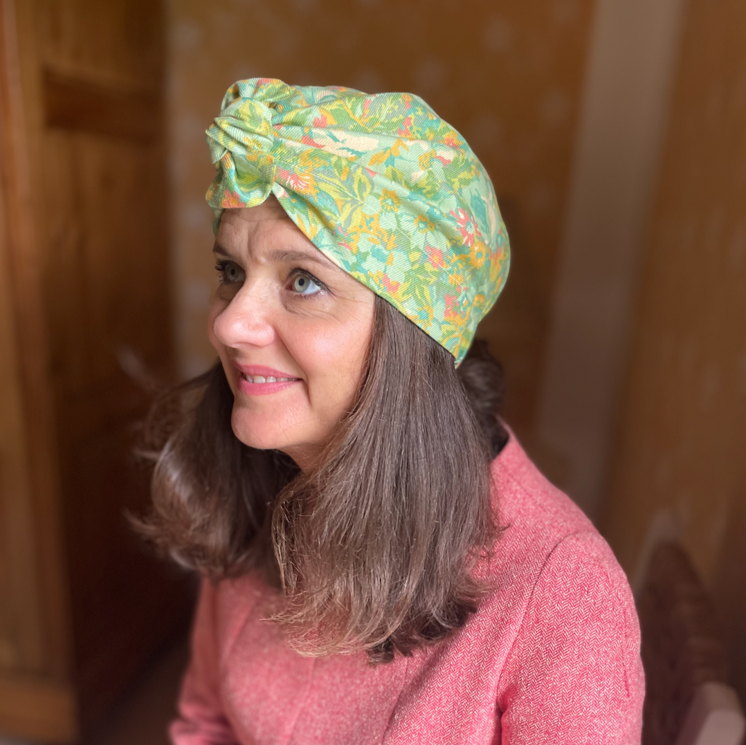 Ladies Turban Hat - Liberty of London  Clydella Green Floral print in Vintage Lantana