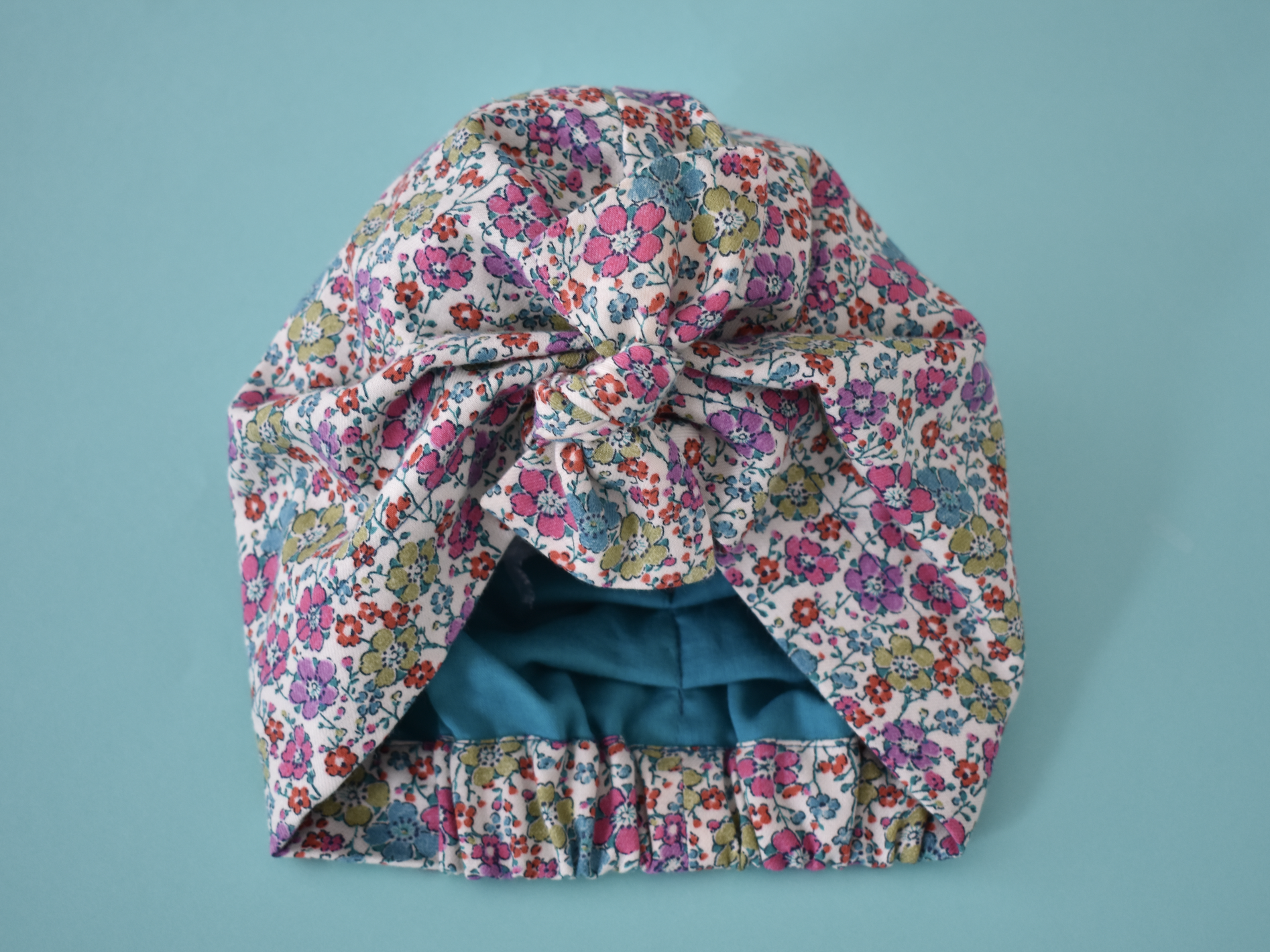 Ladies Turban Hat - Little Pink and Aqua Florals Liberty of London print - Tot Knots of Brighton