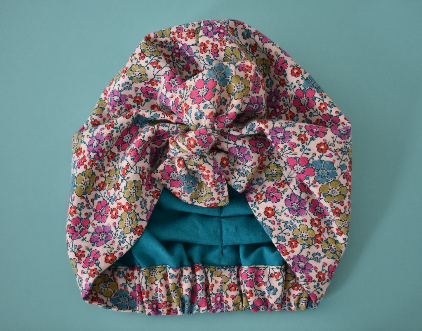 Little Land Girl & Baby Hat - Pretty Pink & Aqua Blue Floral Print - Tot Knots of Brighton