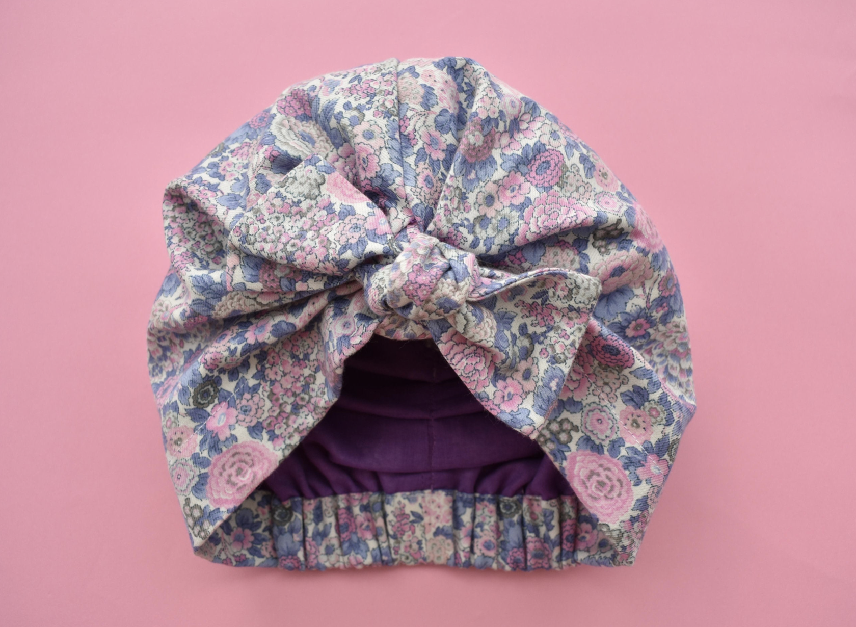Ladies Turban Hat - Pink and Blue Winter Rose Floral Liberty of London - Tot Knots of Brighton