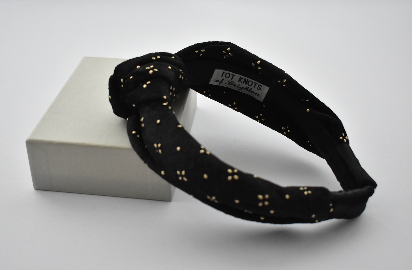 Classic Knot headband - Black Velvet studded with geometric gold metallic - Tot Knots of Brighton