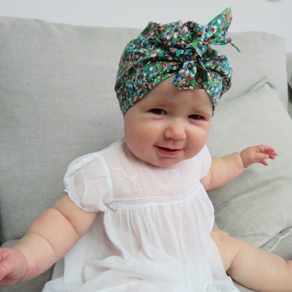 Little Land Girl Baby Hat - Green and multicoloured spots - Tot Knots of Brighton
