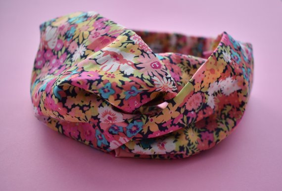 Pink and Blue Floral Twisted Turban hairband and neck scarf - Tot Knots of Brighton