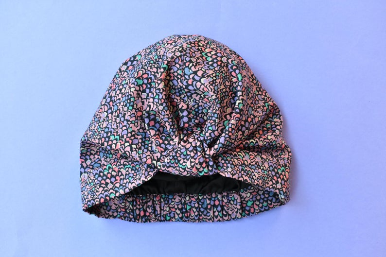 Ladies Turban Hat - Purple Feather Lantana Adriatic Liberty of London print